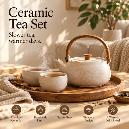SERONYVA® Ceramic Tea Set – Teapot &amp; Two-Cup Set with Wood-Inspired Handle