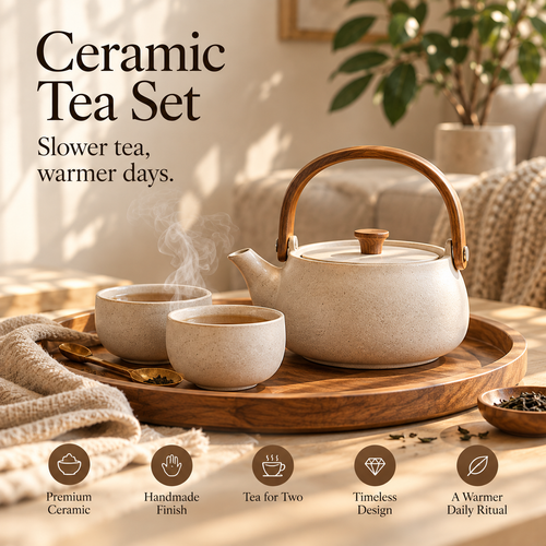 SERONYVA® Ceramic Tea Set – Teapot &amp; Two-Cup Set with Wood-Inspired Handle