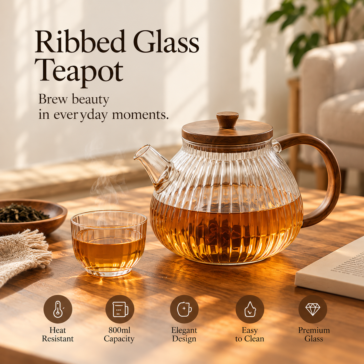 SERONYVA® Ribbed Glass Teapot – 800ml Heat-Resistant Glass Tea Pot