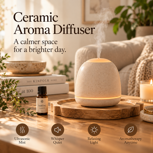 SERONYVA® Ceramic Aroma Diffuser – Ultrasonic Essential Oil Diffuser with Ambient Light