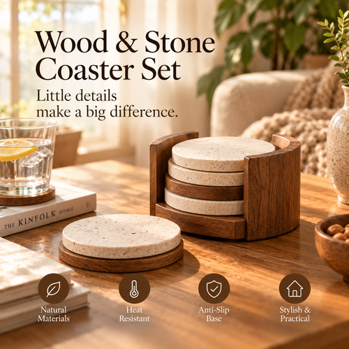 SERONYVA® Wood &amp; Stone Coaster Set – Natural Drink Coasters with Holder