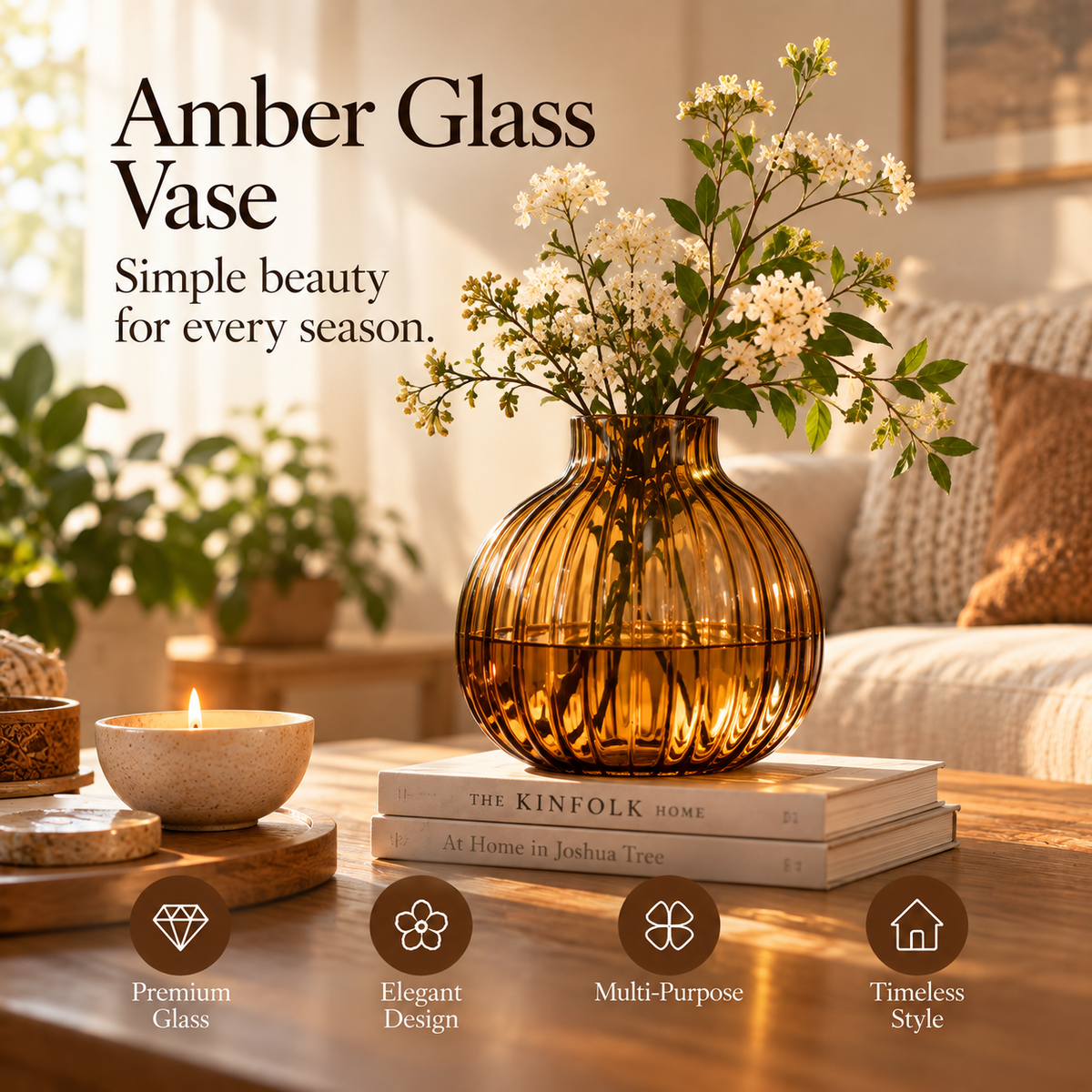 SERONYVA® Amber Glass Vase – Ribbed Decorative Flower Vase