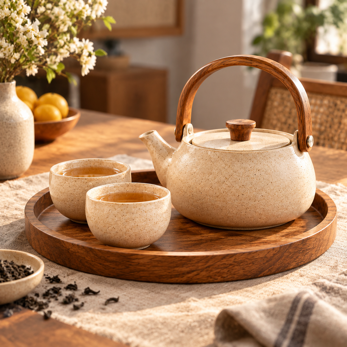 SERONYVA® Ceramic Tea Set – Teapot &amp; Two-Cup Set with Wood-Inspired Handle