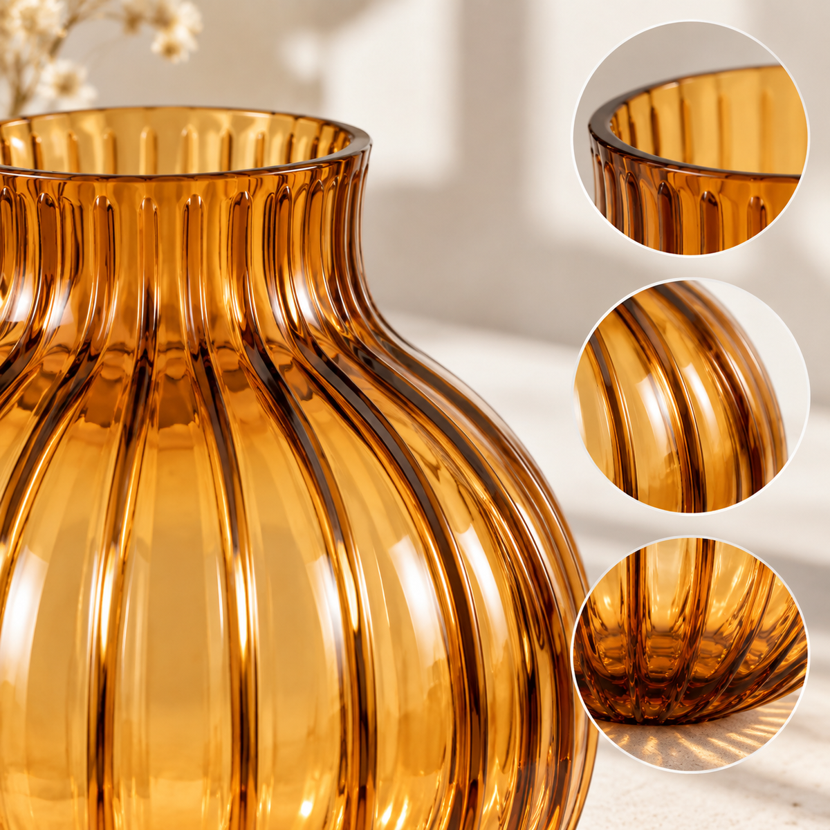 SERONYVA® Amber Glass Vase – Ribbed Decorative Flower Vase