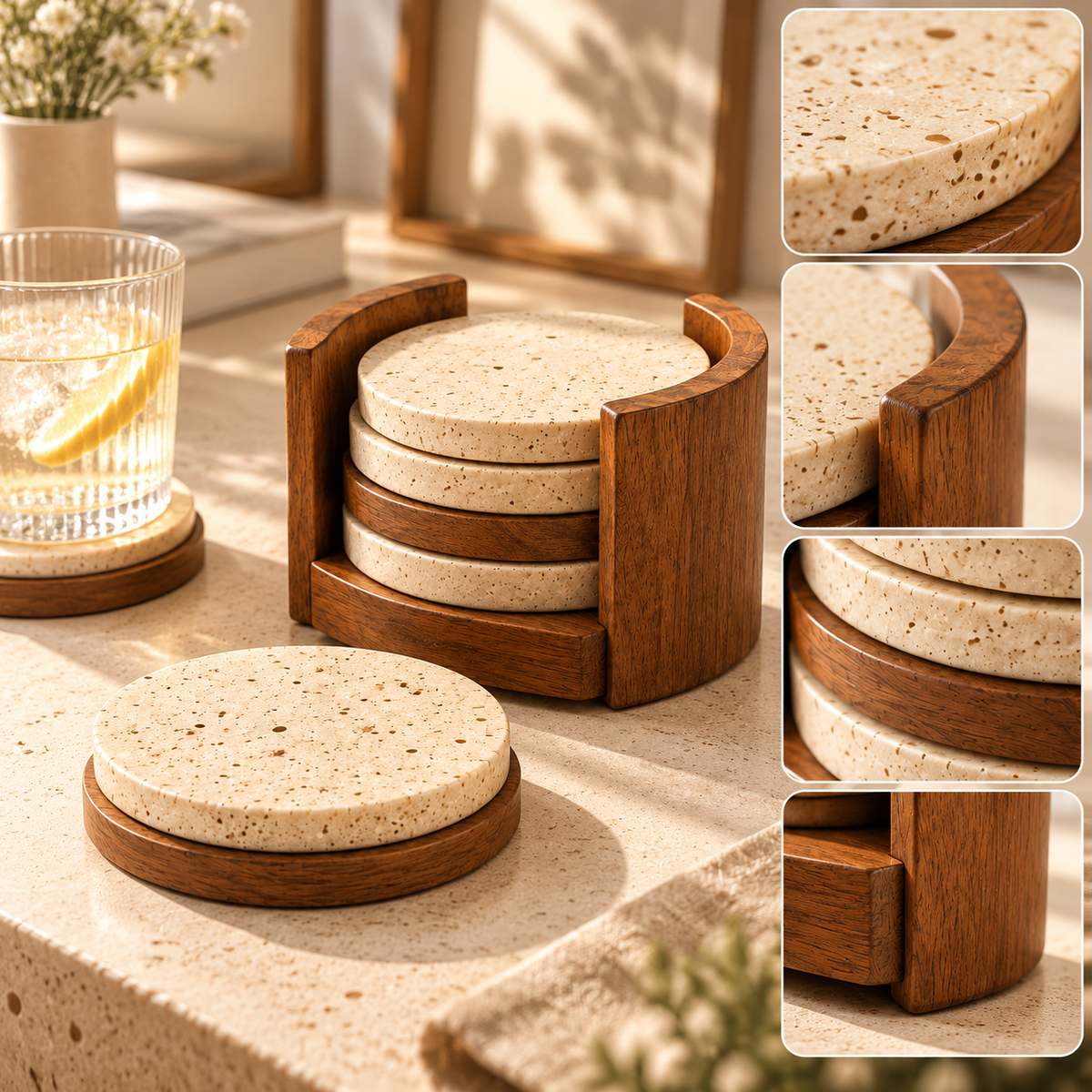 SERONYVA® Wood &amp; Stone Coaster Set – Natural Drink Coasters with Holder
