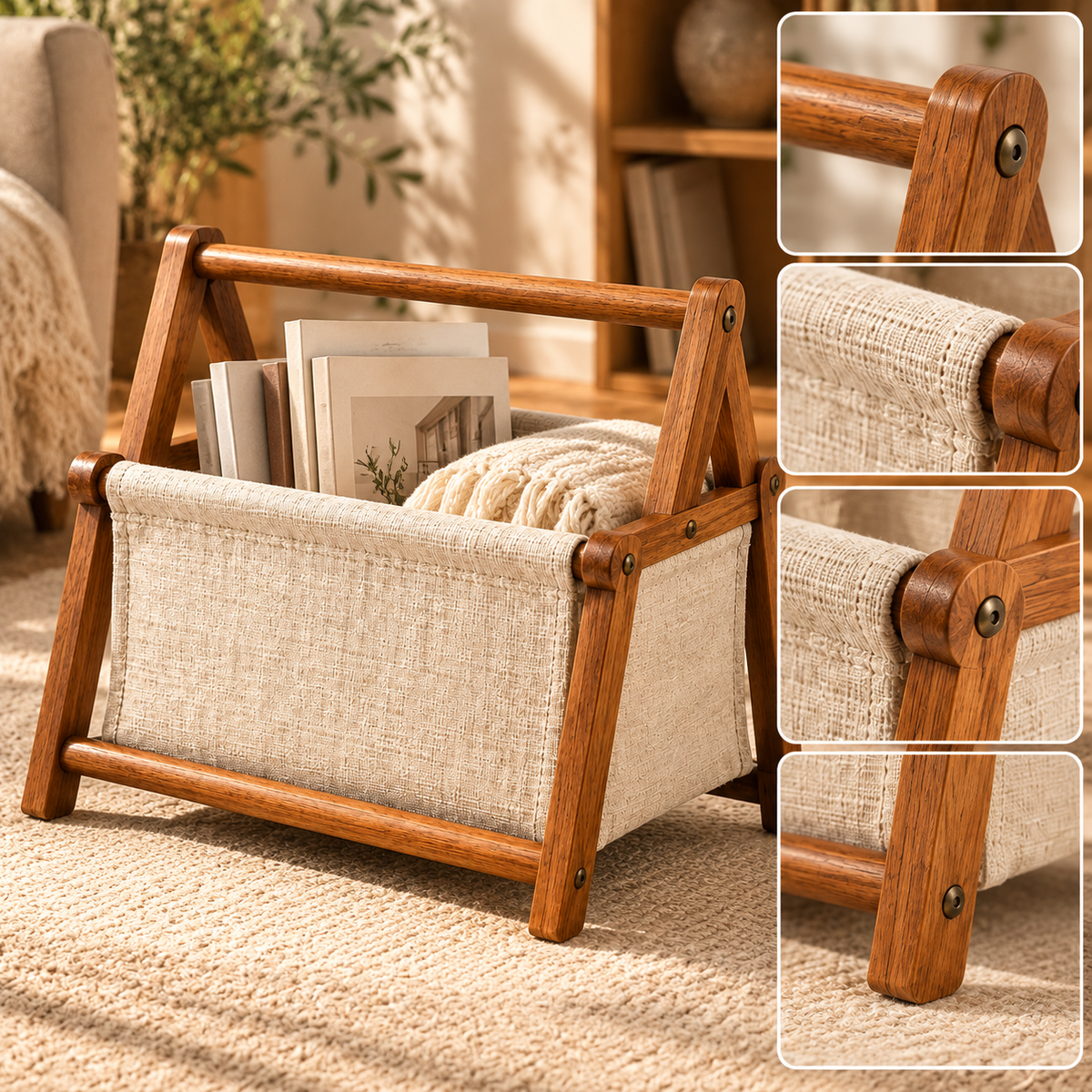 SERONYVA® Linen Magazine Holder – Wood &amp; Fabric Floor Storage Rack