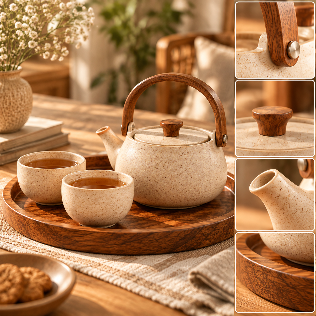 SERONYVA® Ceramic Tea Set – Teapot &amp; Two-Cup Set with Wood-Inspired Handle