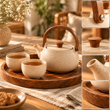 SERONYVA® Ceramic Tea Set – Teapot &amp; Two-Cup Set with Wood-Inspired Handle