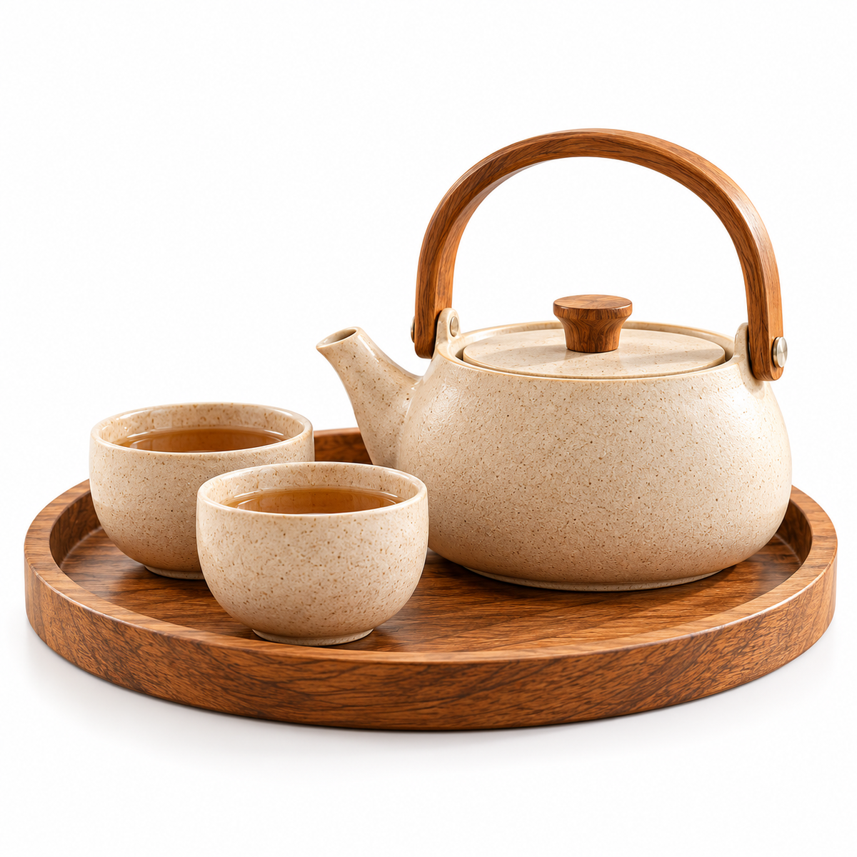 SERONYVA® Ceramic Tea Set – Teapot &amp; Two-Cup Set with Wood-Inspired Handle
