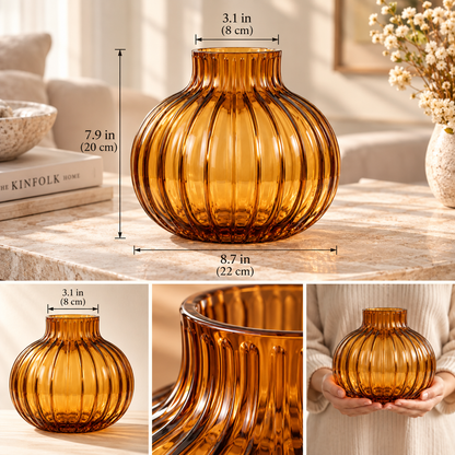 SERONYVA® Amber Glass Vase – Ribbed Decorative Flower Vase