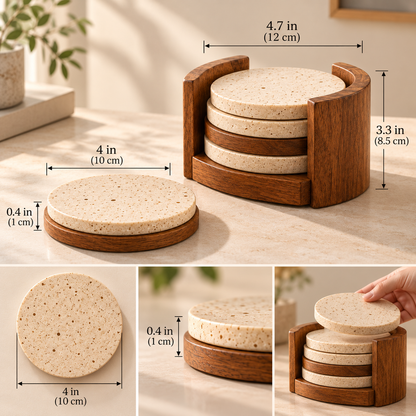 SERONYVA® Wood &amp; Stone Coaster Set – Natural Drink Coasters with Holder