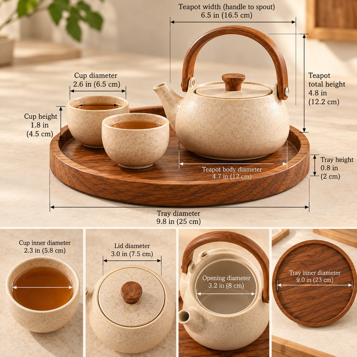 SERONYVA® Ceramic Tea Set – Teapot &amp; Two-Cup Set with Wood-Inspired Handle